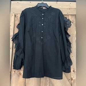 J Crew Black Cotton Blouse with Ruffle Trim Size M